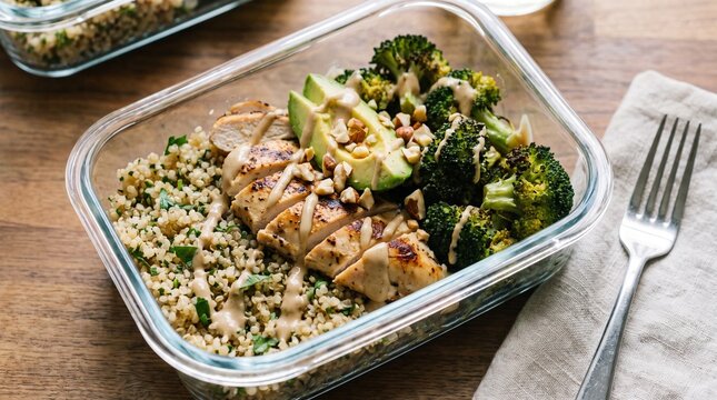 Grilled chicken and quinoa meal prep bowl with broccoli, avocado and almonds. Healthy balanced lunch for convenient meal planning. Protein-rich homemade food for nutritious everyday eating.