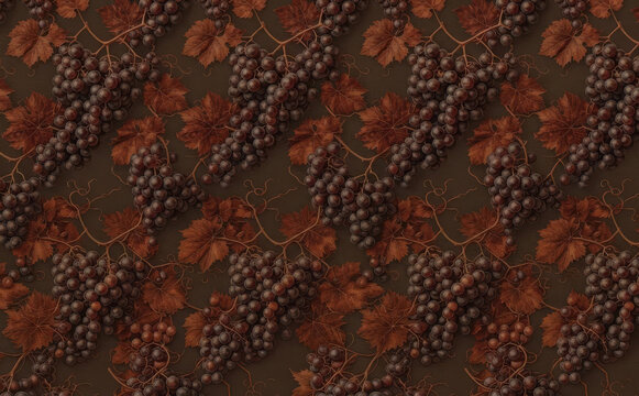 Vintage grape pattern background with dark brown autumn vine leaves and ripe fruit clusters for wine design