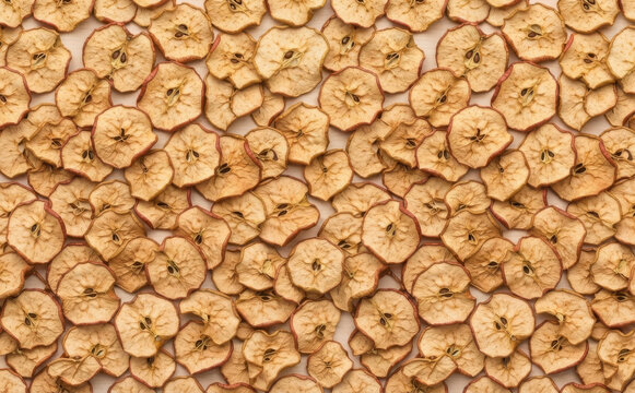 Dried apple slices background texture pattern for healthy snack and food design concepts