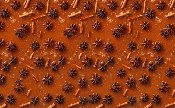 Spiced chocolate background pattern with star anise and cinnamon sticks for autumn and winter festive culinary designs