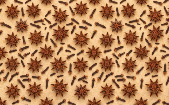 Star anise and clove pattern background for culinary design, holiday spice texture, and aromatic seasoning backdrop