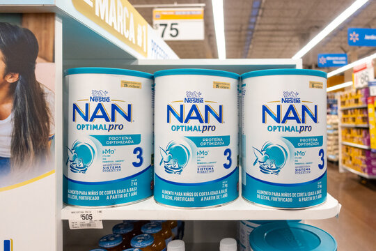 NAN Optimal Pro baby formula powder milk tins, by Switzerland's Nestle. Jalisco, Mexico, July 20, 2026.