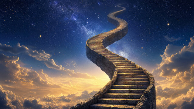 Surreal stone stairway to heaven through night sky, winding stone path leading into starry galaxy, spiritual journey and success concept