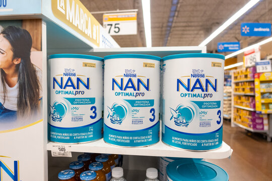 NAN Optimal Pro baby formula powder milk tins, by Switzerland's Nestle. Jalisco, Mexico, July 20, 2026.
