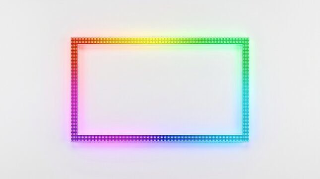 A vibrant rectangular frame with a rainbow color gradient glowing against a minimalist white background.