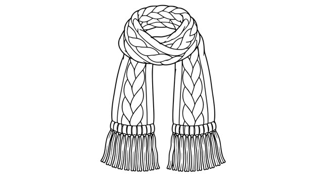 Black outline vector icon of a winter scarf with cable braid pattern looped top ribbed cuffs fringe tassels drawn with medium lines in centered vertical composition highlighting knitted craftsmanship