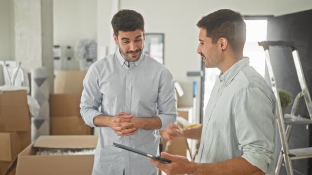 Man young hispanic with tablet high fives friend amid packed moving boxes and ladder in studio; teamwork optimism.