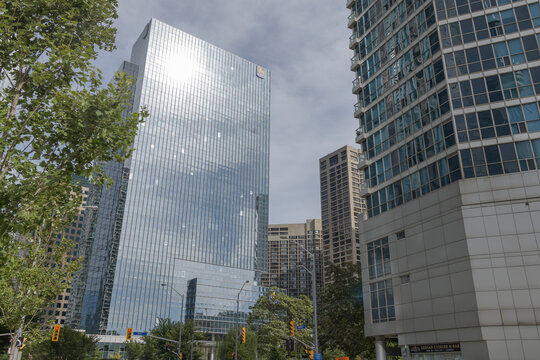 distant view of RBC WaterPark Place, a business center, located 88 Queens Quay W, west elevation, Toronto