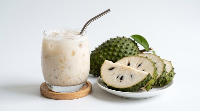 Refreshing soursop juice with ice and a metal straw, served alongside a whole soursop fruit and sliced soursop on a white plate.