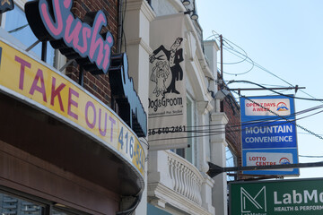 Obraz premium business signage on Mount Pleasant Road, Toronto (Sushi Supreme, Dog & Groom, LabMotus Health & Performance Clinic, Mountain Convenience)