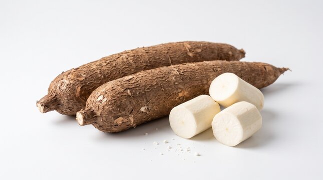 Whole and peeled cassava roots displayed on a clean white background, highlighting their texture and color.