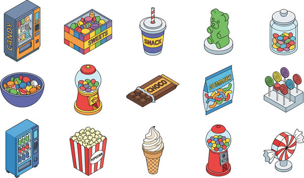 Isometric sweet candy and snack treat vector set featuring gumball machines vending machines popcorn and chocolate