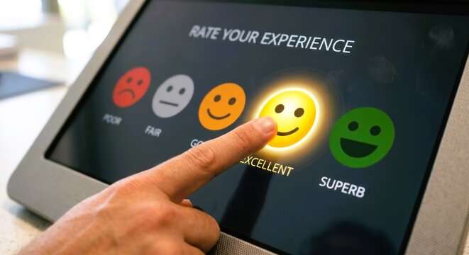 Hand selecting excellent smiley face icon on feedback tablet.