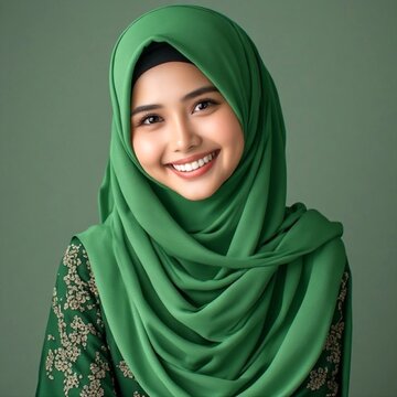 Happy Malay female model looking at the camera with a bright genuine white smile, modesty and modern hijab fashion concept