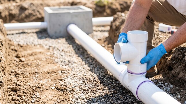 Worker in blue gloves installing a PVC pipe T-fitting for an underground drainage system