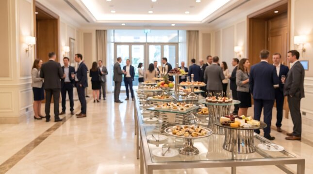 Catering buffet table with gourmet food snacks at corporate networking event with blurred business professionals in background gathered for professional social mixer and company celebration