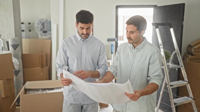 Two men holding a blueprint, hands visible with one pointing amid packed boxes and ladder inside a building; planning teamwork focused.