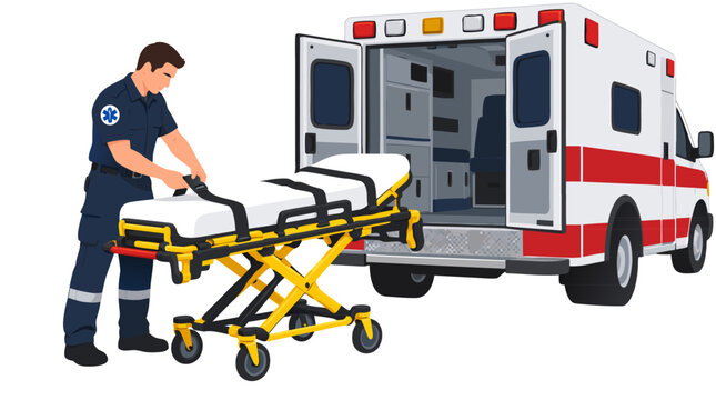 Vector illustration of a male paramedic in a dark blue uniform standing beside an open ambulance van, using both hands to fasten a black harness buckle across a yellow medical stretcher bed