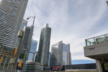 Fototapeta premium distant view of TELUS Harbour, a corporate office building, located at 25 York St, viewed looking northwest from Harbour St and Bay St, Toronto