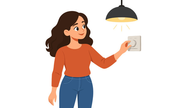 Young woman in an orange sweater and blue jeans reaches up with one hand to adjust a rotary light dimmer switch on the wall below a black hanging lamp, modern flat vector illustration