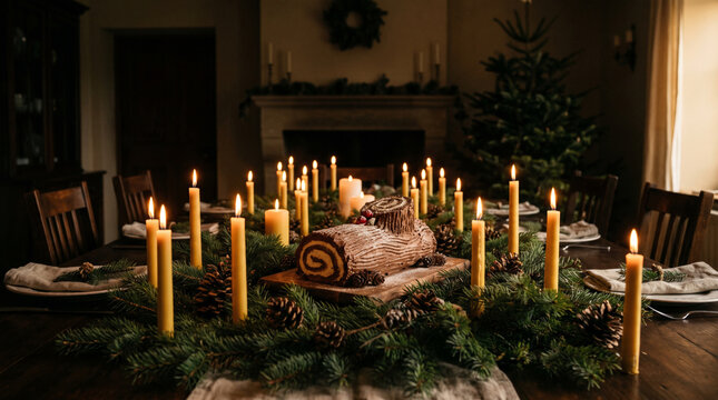 Yule log cake on a christmas dinner table lit by candlelight at night