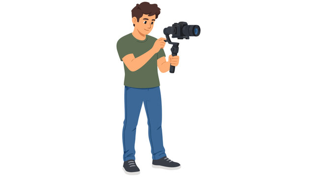 Young male photographer in green t-shirt and blue jeans adjusting handheld gimbal stabilizer holding digital camera steady, flat vector illustration isolated on white background for video production
