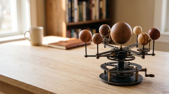 Wooden tabletop orrery model on a desk