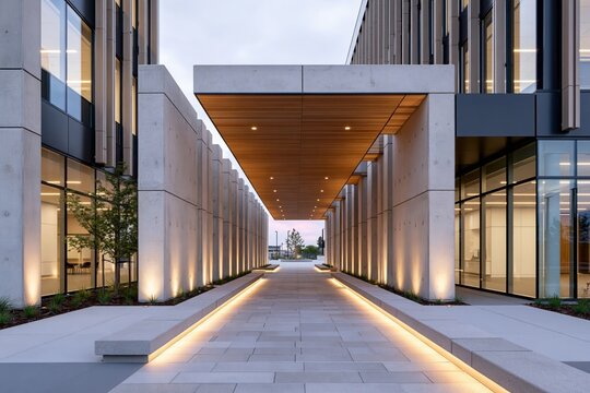 Modern building entrance with clean lines and warm lighting