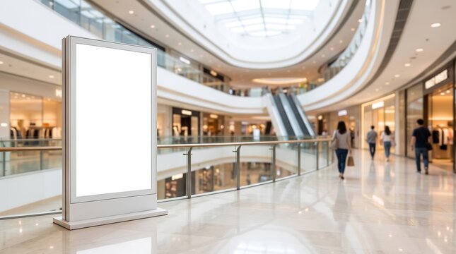 Blank vertical advertising display stand on marble floor in modern shopping mall atrium with blurred shoppers and glass balcony railings in high-end retail environment