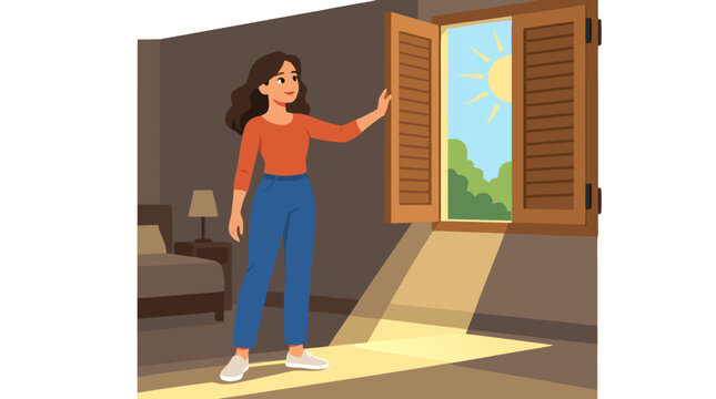 Confident smiling woman opening wooden window shutters to let bright morning sunlight stream into cozy dim bedroom, new day fresh start positive energy concept illustration cheerful vector art