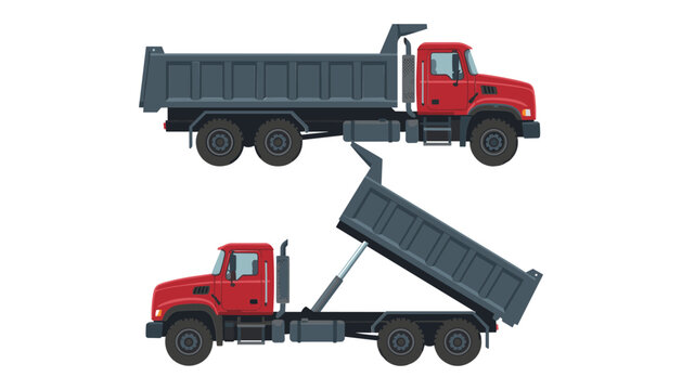 Heavy dump truck vector set showing red commercial tipper lorry in driving and unloading positions for construction designs