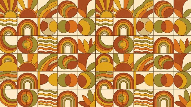 Retro 1970s geometric pattern background featuring sunbursts and rainbows for vintage-themed posters, website hero sections, and textile print design.