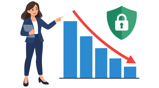 Female business consultant in blue suit pointing at decreasing bar chart with red downward arrow showing drop in security incidents with green shield lock icon for cybersecurity success vector