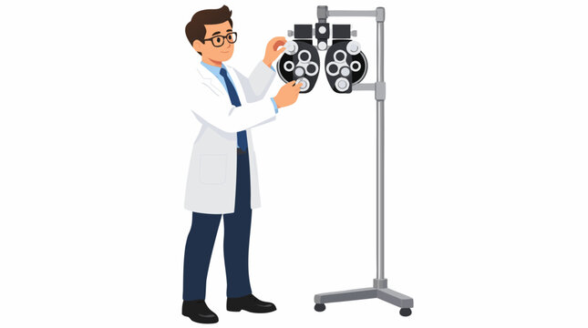 Smiling male optometrist in white coat and glasses adjusting phoropter trial lenses on tall stand for vision eye examination in modern optical clinic vector illustration professional flat design