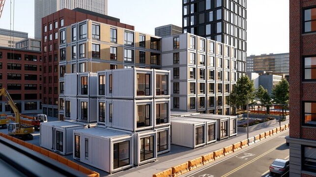Modern modular housing units stacked and arranged in an urban environment, with contemporary buildings and construction machinery in the background