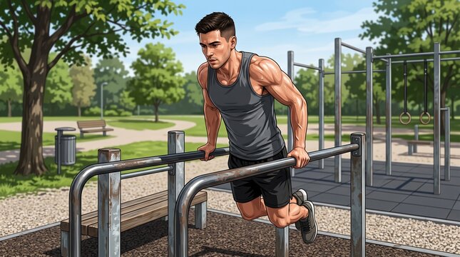 Man exercising on parallel bars in a park outdoor gym