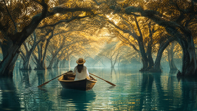 Serene boat ride on tranquil mangrove river, woman rowing wooden rowboat under autumn canopy, peaceful nature getaway