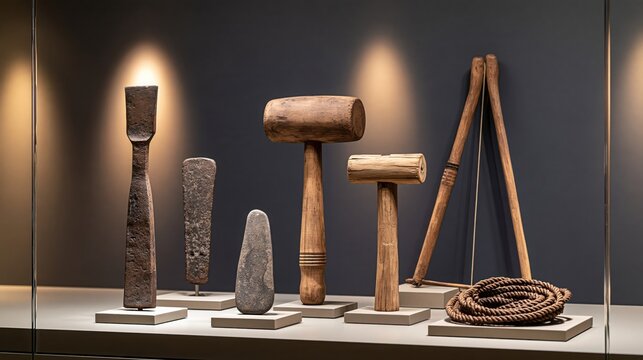 A collection of ancient tools and artifacts displayed in a museum exhibit. The tools include mallets, chisels, a stone object, and a coiled rope