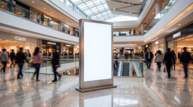 Blank vertical digital advertising billboard standing in the middle of a busy modern shopping mall with blurred shoppers walking in the background and natural lighting