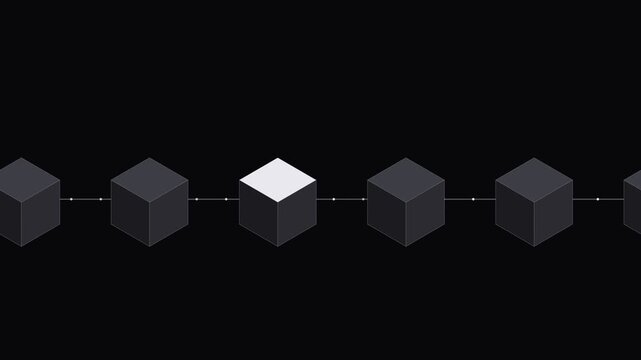 Blockchain of linked data blocks. Seamless looping 4K animation of a chain of linked data blocks with travelling pulses.