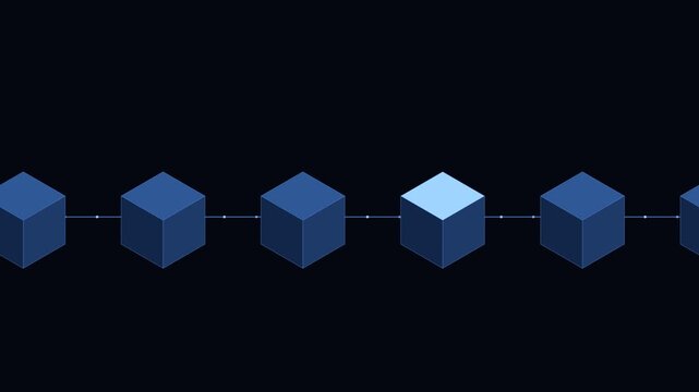 Blockchain of linked data blocks. Seamless looping 4K animation of a chain of linked data blocks with travelling pulses.
