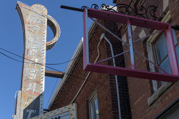 Fototapeta premium exterior marquee structure sign at the former Mount Pleasant Theatre (renamed 1951) originally Hudson Theatre (1926) at 675 Mount Pleasant Rd, Toronto