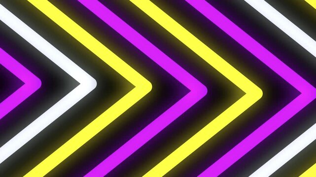Glowing neon chevrons in yellow and purple, retro 80s synthwave background, vibrant geometric arrow motion graphic, directional light loop for VJ
