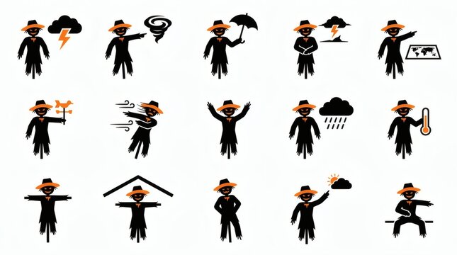 Black And Orange Two Tone Flat Vector Scarecrow Weather Forecaster Spooky Storm Collection

