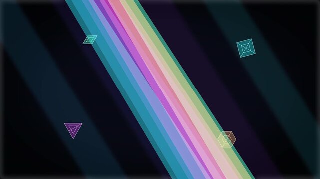 Retro pixel art animation loop featuring vibrant rainbow diagonal stripe and floating geometric shapes in cosmic dark space