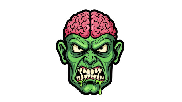 Detailed illustration of a menacing green zombie head with an exposed pink brain, sharp teeth, and green drool, on a white background.