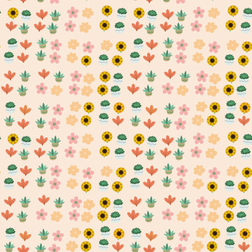 Stylized potted plants and flowers pattern