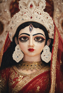 Traditional Indian Goddess Statue with Ornate Headdress and Jewelry Display