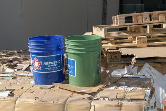 buckets and boxes or trash collection day at the Art Gallery of Ontario, McCaul St side, Toronto