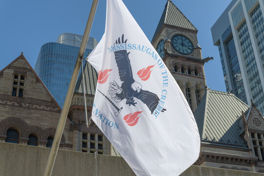 permanent Indigenous flag installation along the east overhead walkway at Nathan Phillips Square, Toronto